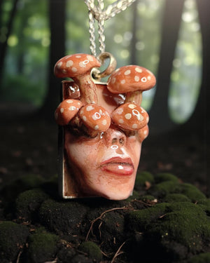 Mushrooms Sprouting Human Eyes Necklace β Handmade Clay & Resin Surreal Statement Jewelry, Sculptural Fantasy Wearable Art with Sterling Sil