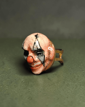 Mysterious Clown Ring ā Handmade Clay & Resin Surreal Statement Jewelry with Adjustable Stainless Steel Band - SAMA