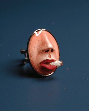 Oval Smoking Cigar Ring β Handmade Clay & Resin Surreal Statement Jewelry with Adjustable Stainless Steel Band - SAMA