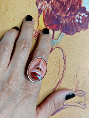 Oval Smoking Cigar Ring β Handmade Clay & Resin Surreal Statement Jewelry with Adjustable Stainless Steel Band - SAMA
