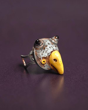 Owl Chimera Ring ā Handmade Clay & Resin Surreal Statement Jewelry with Adjustable Stainless Steel Band - SAMA