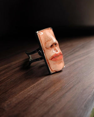 Poker Face Ring β Handmade Clay & Resin Surreal Statement Jewelry, Sculptural Wearable Art with Adjustable Stainless Steel Band