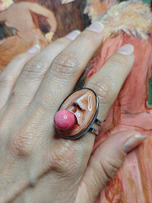 Popping Gum Oval Frame Ring ā Handmade Clay & Resin Surreal Statement Jewelry, Sculptural Fantasy Wearable Art with Adjustable Stainless Steel Band - SAMA