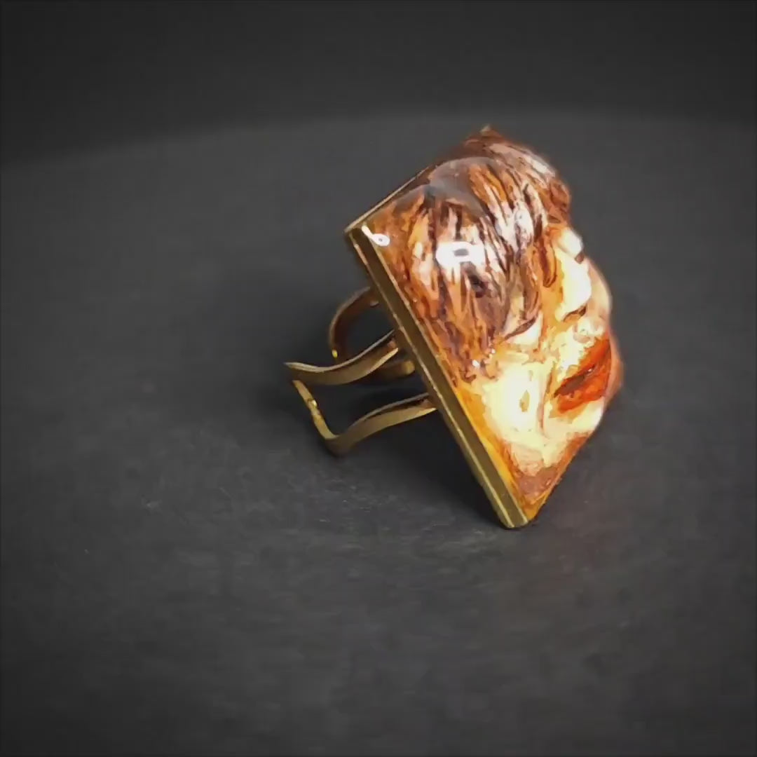 Smiling Man Ring ā Handmade Clay & Resin Surreal Statement Jewelry, Sculptural Wearable Art on Adjustable Stainless Steel Band OOAK