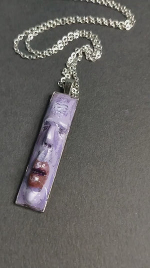 Purple Face Necklace ā Handmade Clay & Resin Surreal Statement Jewelry, Sculptural Artistic Wearable Art with Alloy Pendant / Chain OOAK