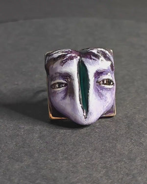 Split Face Glow Ring ā Handmade Clay Statement Jewelry with Glowing Gap, Surreal Wearable Art on Adjustable Stainless Steel Band OOAK