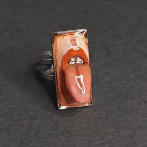 Tongue Out Face Ring ā Handmade Clay & Resin Dark Surreal Statement Jewelry, Sculptural Wearable Art on Adjustable Stainless Steel Band