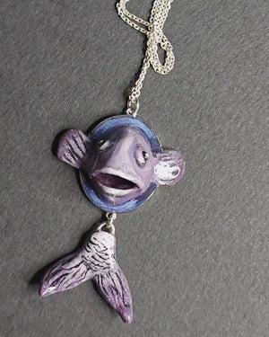 Fish Necklace ā Handmade Clay & Resin Surreal Statement Jewelry, Sculptural Wearable Art with Sterling Silver S925 Pendant / Chain OOAK