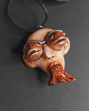 Fish Through Face Necklace ā Handmade Clay & Resin Surreal Statement Jewelry, Sculptural Wearable Art OOAK