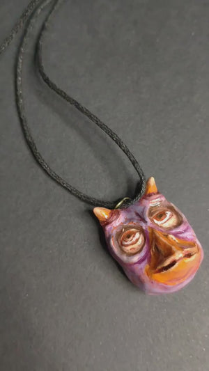 Human Owl Chimera Necklace ā Handmade Clay & Resin Surreal Statement Jewelry, Sculptural Fantasy Wearable Art OOAK