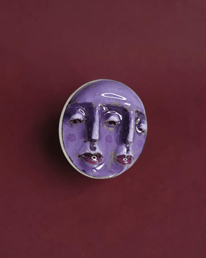 Purple Double Face Pin Button ā Handmade Clay & Resin Surreal Wearable Art with Stainless Steel Pin Back - SAMA