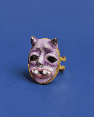 Purple Double Horn Monster Ring ā Handmade Clay & Resin Surreal Statement Jewelry with Adjustable Stainless Steel Band - SAMA