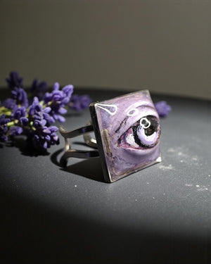 Purple Eye Ring β Handmade Clay & Resin Surreal Statement Jewelry, Sculptural Fantasy Wearable Art with Adjustable Stainless Steel Band