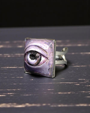 Purple Eye Ring β Handmade Clay & Resin Surreal Statement Jewelry, Sculptural Fantasy Wearable Art with Adjustable Stainless Steel Band