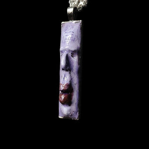 Purple Face Necklace β Handmade Clay & Resin Surreal Statement Jewelry, Sculptural Artistic Wearable Art with Alloy Pendant / Chain OOAK