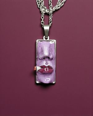 Purple Face Smoking Cigar Necklace ā Handmade Clay & Resin Surreal Statement Jewelry, Sculptural Fantasy Wearable Art with Stainless Steel Chain / Pendant - SAMA