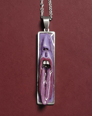 Purple Face Tongue Out Necklace ā Handmade Clay & Resin Surreal Statement Jewelry, Sculptural Fantasy Wearable Art with Stainless Steel Chain / Pendant - SAMA