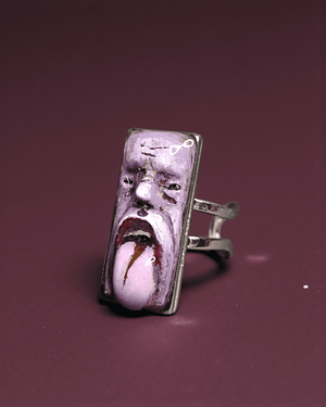 Purple Face Tongue Out Ring β Handmade Clay & Resin Surreal Statement Jewelry with Adjustable Stainless Steel Band - SAMA