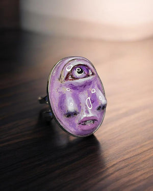 Purple Face with Double Nose Ring β Handmade Clay & Resin Surreal Statement Jewelry, Sculptural Fantasy Wearable Art with Adjustable Stainle