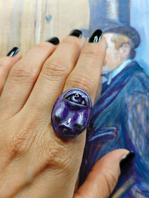 Purple Face with Double Nose Ring β Handmade Clay & Resin Surreal Statement Jewelry, Sculptural Fantasy Wearable Art with Adjustable Stainle