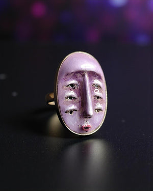 Purple Face with Three Pairs of Eyes Ring β Handmade Clay & Resin Surreal Statement Jewelry, Sculptural Fantasy Wearable Art with Sterling S