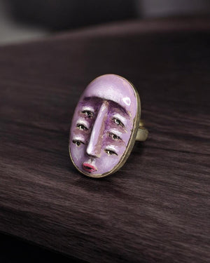 Purple Face with Three Pairs of Eyes Ring β Handmade Clay & Resin Surreal Statement Jewelry, Sculptural Fantasy Wearable Art with Sterling S