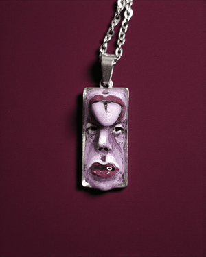 Purple Face with Tongue Out of Forehead Necklace β Handmade Clay & Resin Surreal Statement Jewelry, Sculptural Fantasy Wearable Art with Stainless Steel Chain / Pendant - SAMA