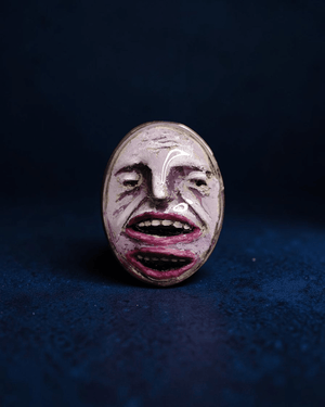 Purple Face with Two Mouths Ring ā Handmade Clay & Resin Surreal Statement Jewelry with Adjustable Stainless Steel Band - SAMA