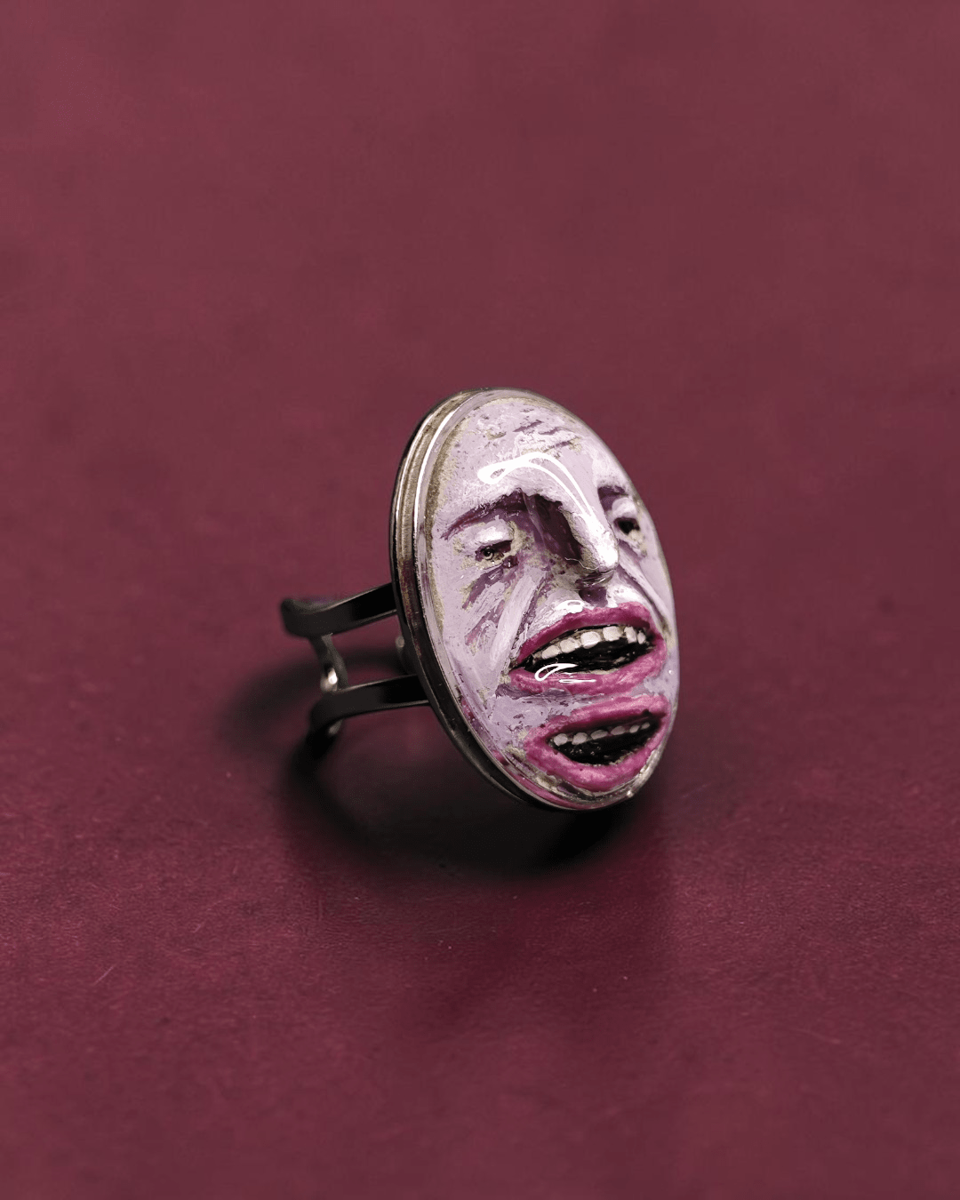 Purple Face with Two Mouths Ring – Handmade Clay & Resin Surreal Statement Jewelry with Adjustable Stainless Steel Band - SAMA