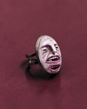 Purple Face with Two Mouths Ring ā Handmade Clay & Resin Surreal Statement Jewelry with Adjustable Stainless Steel Band - SAMA