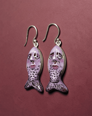 Purple Fish Earrings ā Handmade Clay & Resin Surreal Statement Jewelry, Sculptural Wearable Art with Sterling Silver S925 Hooks - SAMA