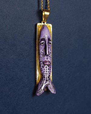 Purple Fish Head Necklace ā Handmade Clay & Resin Surreal Statement Jewelry, Sculptural Fantasy Wearable Art with Stainless Steel Chain / Pendant - SAMA