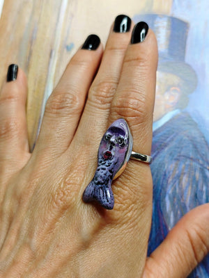 Purple Fish Ring β Handmade Clay & Resin Surreal Statement Jewelry, Sculptural Fantasy Wearable Art with Sterling Silver S925 Band