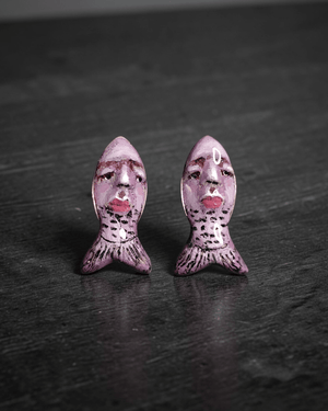 Purple Fish Stud Earrings ā Handmade Clay & Resin Surreal Statement Jewelry, Sculptural Wearable Art with Sterling Silver S925 Studs - SAMA