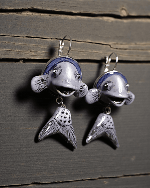 Purple Fishes Earrings β Handmade Clay & Resin Surreal Statement Jewelry, Sculptural Fantasy Wearable Art with Stainless Steel Hooks - SAMA