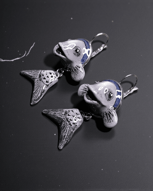 Purple Fishes Earrings β Handmade Clay & Resin Surreal Statement Jewelry, Sculptural Fantasy Wearable Art with Stainless Steel Hooks - SAMA