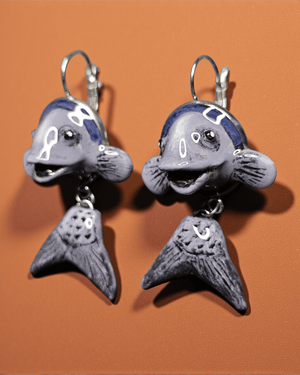 Purple Fishes Earrings β Handmade Clay & Resin Surreal Statement Jewelry, Sculptural Fantasy Wearable Art with Stainless Steel Hooks - SAMA