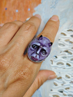 Purple Horned Monster Ring ā Handmade Clay & Resin Surreal Statement Jewelry with Adjustable Stainless Steel Band - SAMA