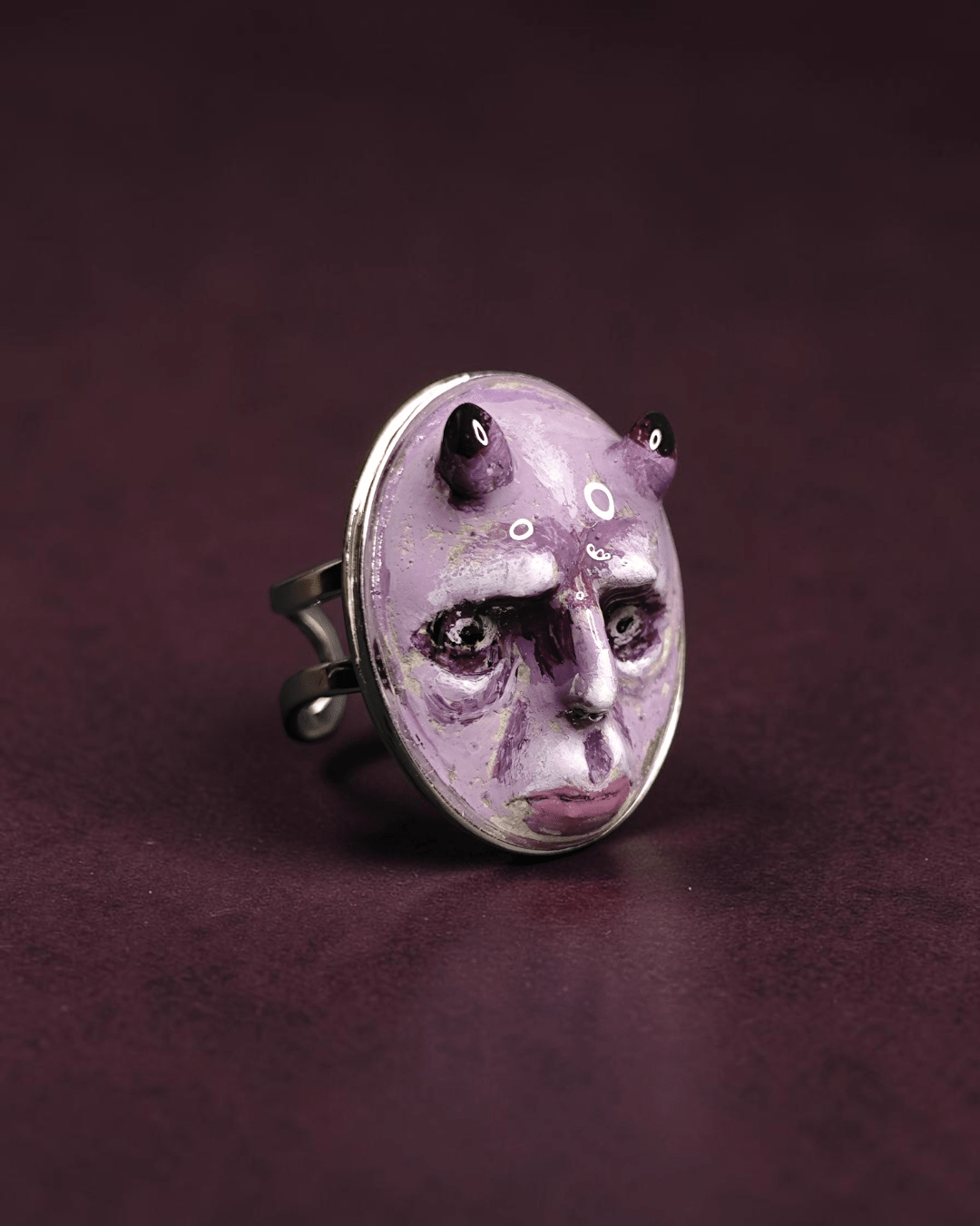 Purple Horned Monster Ring – Handmade Clay & Resin Surreal Statement Jewelry with Adjustable Stainless Steel Band - SAMA