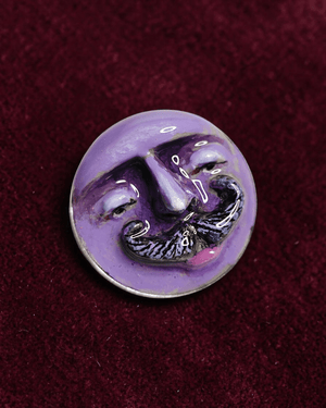 Purple Man with Mustache Pin Button ā Handmade Clay & Resin Surreal Wearable Art with Stainless Steel Pin Back - SAMA