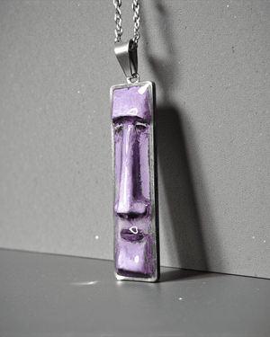 Purple Moai Necklace β Handmade Clay & Resin Surreal Statement Jewelry, Sculptural Fantasy Wearable Art with Stainless Steel Chain / Pendant - SAMA