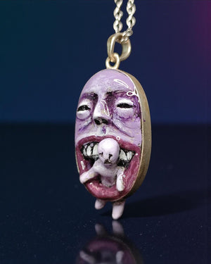 Purple Monster Eating Human Necklace β Handmade Clay & Resin Dark Surreal Statement Jewelry, Sculptural Fantasy Wearable Art with Sterling S