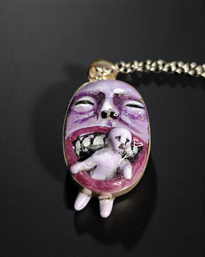 Purple Monster Eating Human Necklace β Handmade Clay & Resin Dark Surreal Statement Jewelry, Sculptural Fantasy Wearable Art with Sterling S