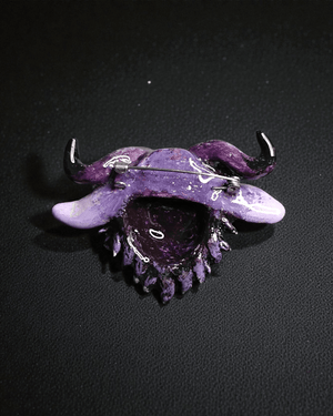 Purple Mystical Creature Pin Button ā Handmade Clay & Resin Surreal Wearable Art with Stainless Steel Pin Back - SAMA