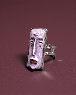 Purple Sad Face Ring β Handmade Clay & Resin Surreal Statement Jewelry with Adjustable Stainless Steel Band - SAMA