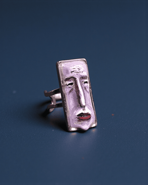 Purple Sad Face Ring β Handmade Clay & Resin Surreal Statement Jewelry with Adjustable Stainless Steel Band - SAMA