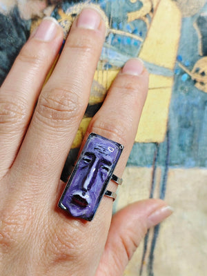 Purple Sad Face Ring β Handmade Clay & Resin Surreal Statement Jewelry with Adjustable Stainless Steel Band - SAMA