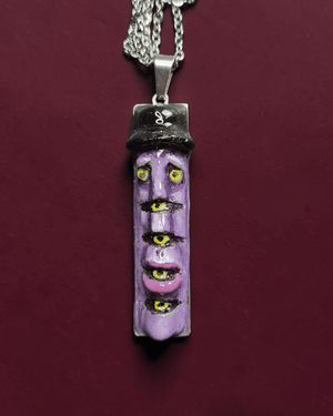 Purple Six-Eyed Man Necklace ā Handmade Clay & Resin Surreal Statement Jewelry, Sculptural Fantasy Wearable Art with Stainless Steel Chain / Pendant - SAMA