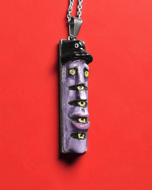 Purple Six-Eyed Man Necklace ā Handmade Clay & Resin Surreal Statement Jewelry, Sculptural Fantasy Wearable Art with Stainless Steel Chain / Pendant - SAMA