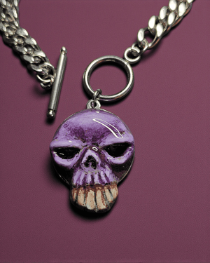 Purple Skull Face Bracelet ā Handmade Clay & Resin Surreal Statement Jewelry, Sculptural Fantasy Wearable Art with Stainless Steel Chain - SAMA